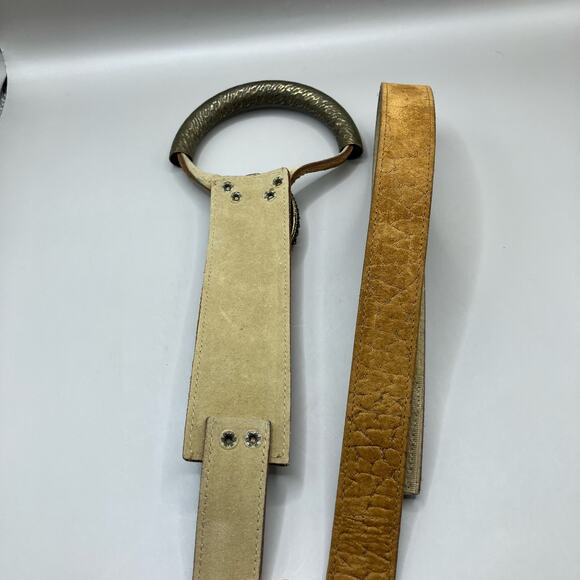 Women’s Belt Leather Stones Metal Artisan Unique Tan Velcro Adjustable 41” - Picture 4 of 9
